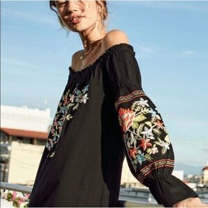 FREE PEOPLE Dress Fleur Du Jour Black Floral Embroidered Cotton Mini Size XS